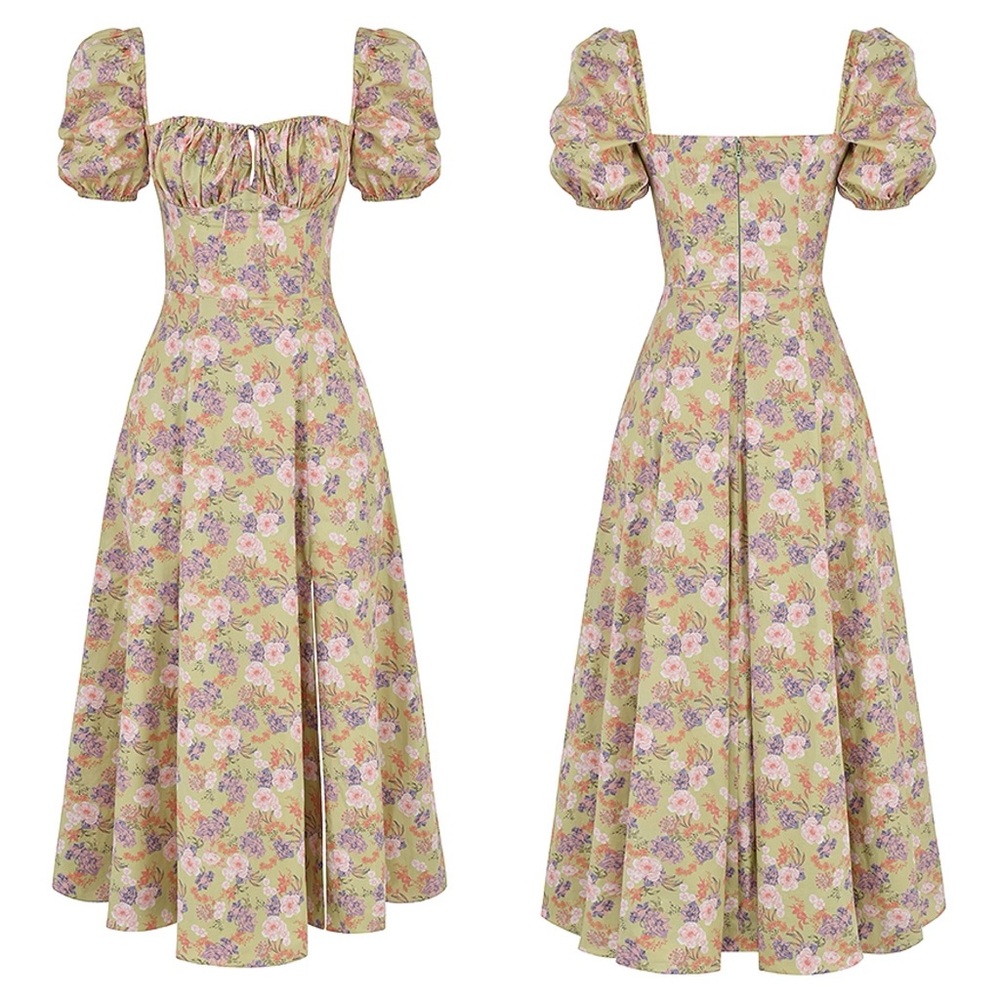 House of CB TALLULAH Peony Print Puff Sleeve Midi Sundress L Cottagecore Peasant - Picture 3 of 16